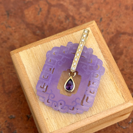 Estate 14KT Yellow Gold Carved Purple Jadeite, Amethyst + Diamond Pendant