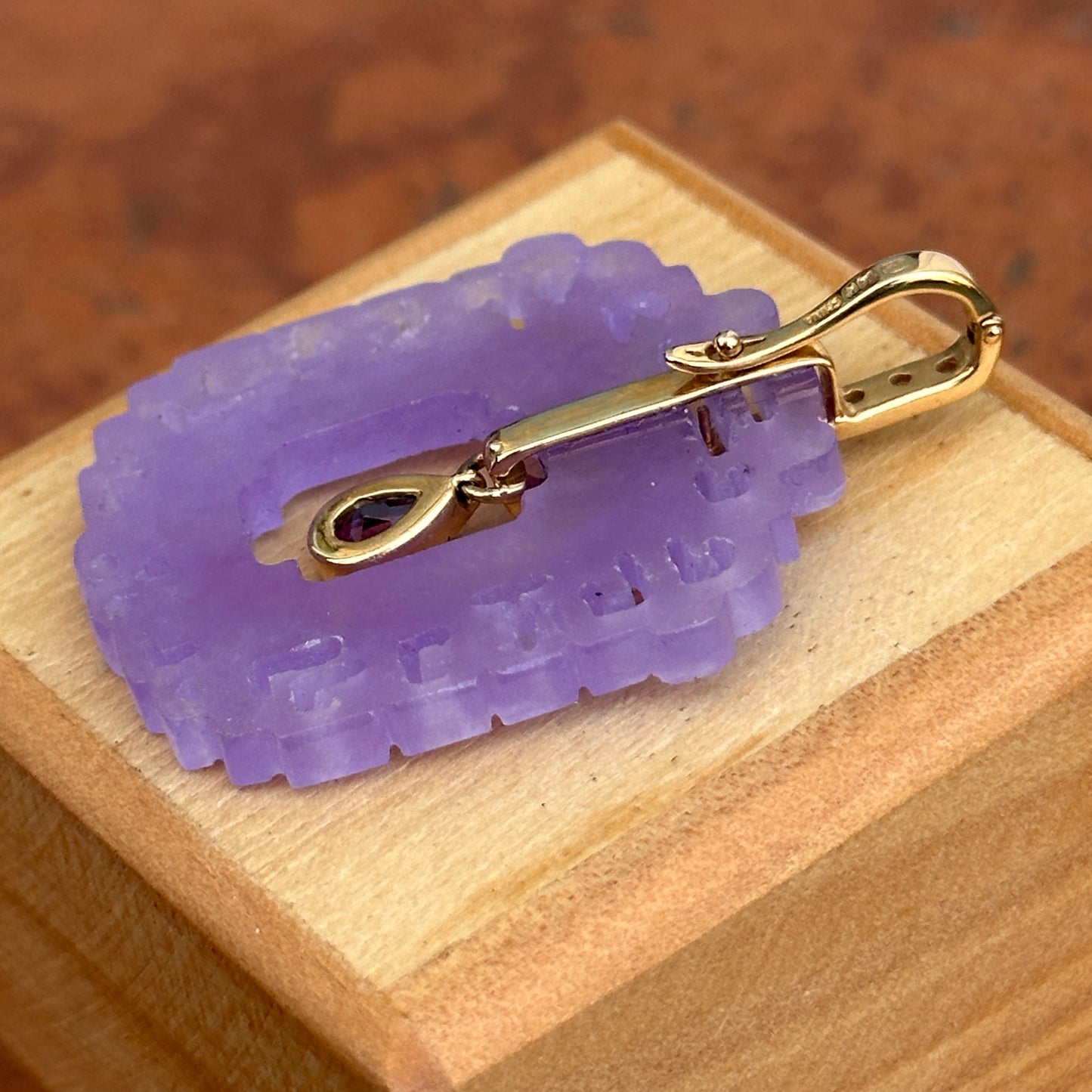 Estate 14KT Yellow Gold Carved Purple Jadeite, Amethyst + Diamond Pendant