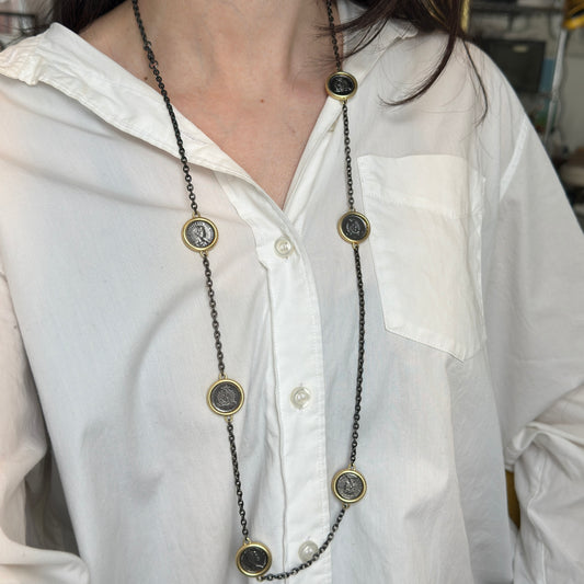 Estate Gold Tone Blacked Links + Replica Queen Elizabeth II Coin Chain Necklace 36”