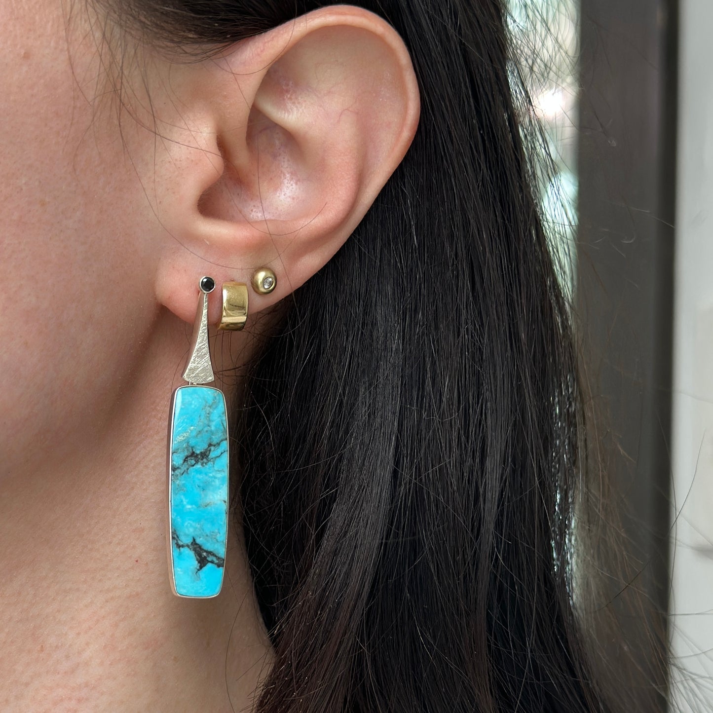 Sterling Silver Elongated Arizona Turquoise + Black Diamond Earrings