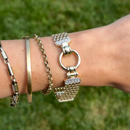 Estate 14KT Yellow Gold Panther Mesh Chain + Large Ring Clasp Diamond Bracelet