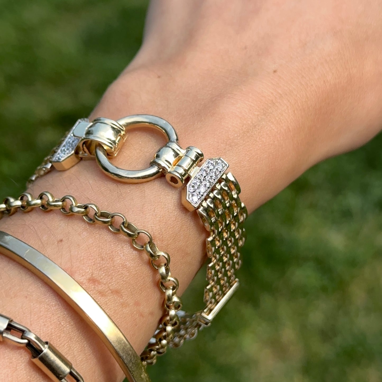 Estate 14KT Yellow Gold Panther Mesh Chain + Large Ring Clasp Diamond Bracelet