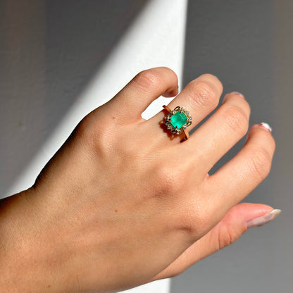 14KT Yellow Gold Emerald-Cut Colombian Emerald + Filigree Diamond Ring