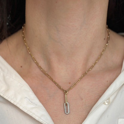 14KT Yellow & White Gold Paperclip Chain + Round Diamond Drop 15.75'' - LSJ