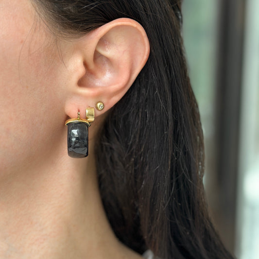 Estate 14KT Yellow Gold Plated Silver Black Jade Wide Round Hoop Earrings