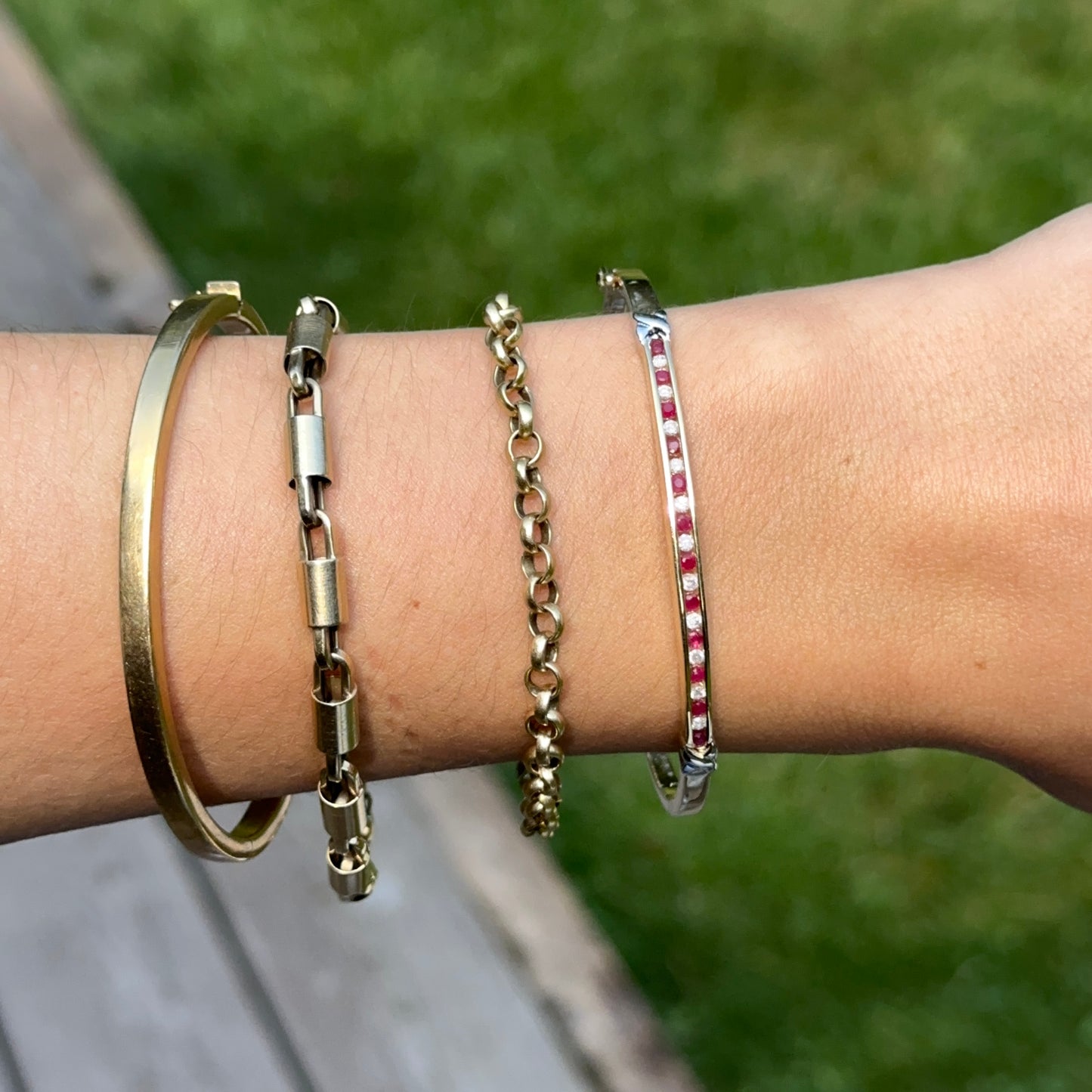Estate 14KT Yellow Gold Channel Ruby + Diamaond Bangle Bracelet