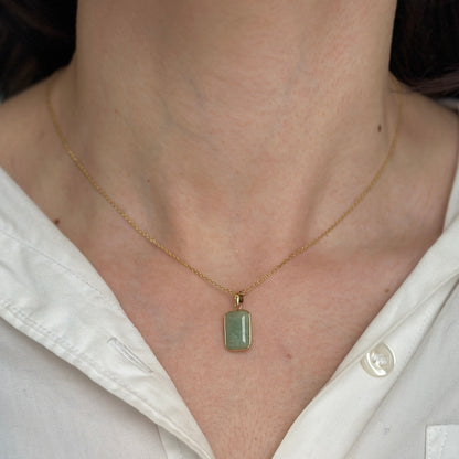 14KT Yellow Gold Celadon Jade Bezel Rectangle Pendant Charm - LSJ