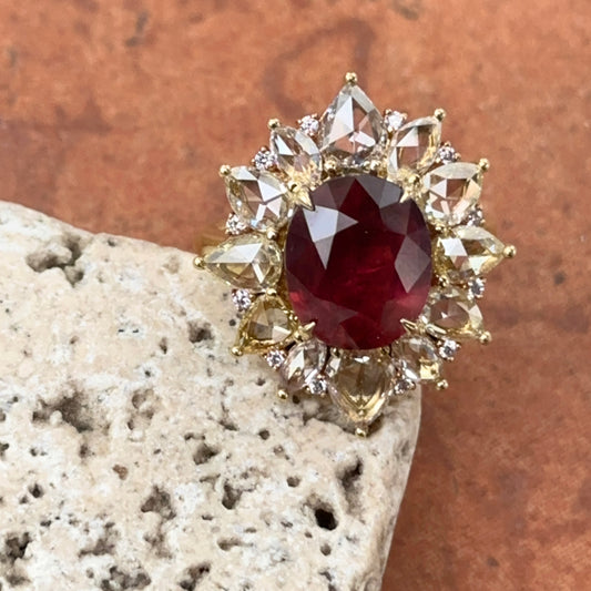 Estate 18KT Yellow Gold Oval Ruby + Rose-Cut Diamond Ring