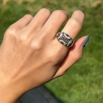 Estate 14KT Yellow Gold Brown + White Diamond Pave Domed Ring