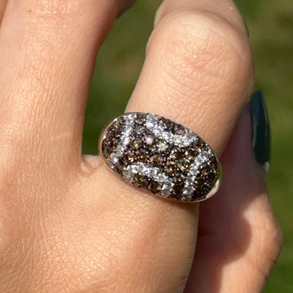 Estate 14KT Yellow Gold Brown + White Diamond Pave Domed Ring