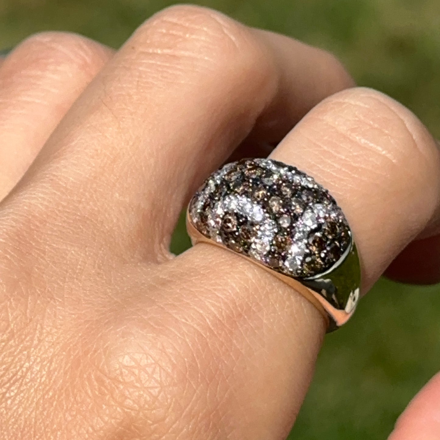 Estate 14KT Yellow Gold Brown + White Diamond Pave Domed Ring
