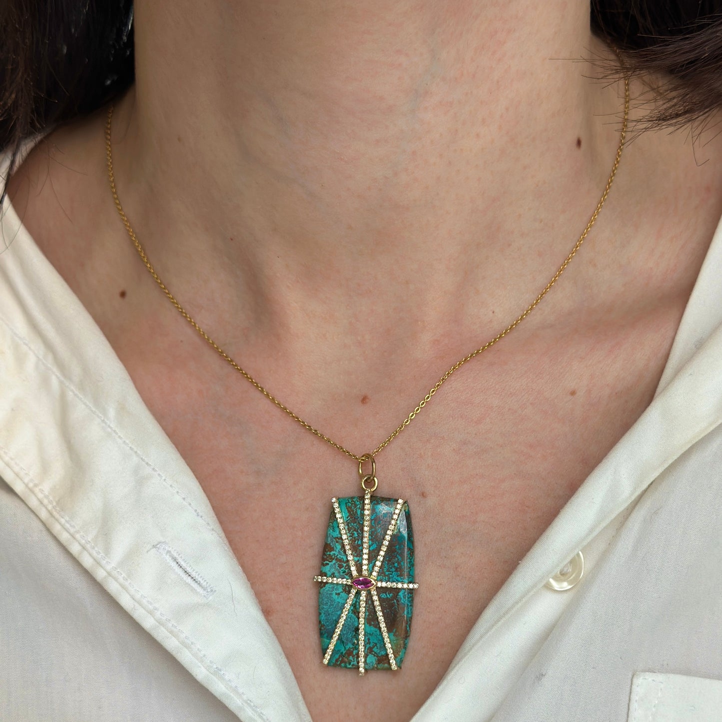 14KT Yellow Gold Rectangle Turquoise, Pink Sapphire, + Diamond Pendant