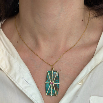 14KT Yellow Gold Rectangle Turquoise, Pink Sapphire, + Diamond Pendant