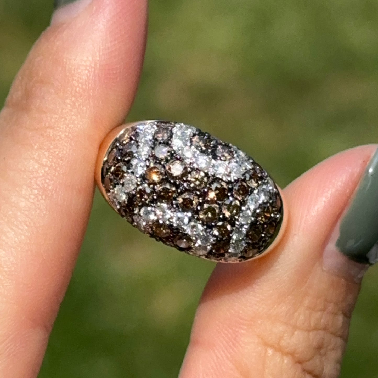 Estate 14KT Yellow Gold Brown + White Diamond Pave Domed Ring