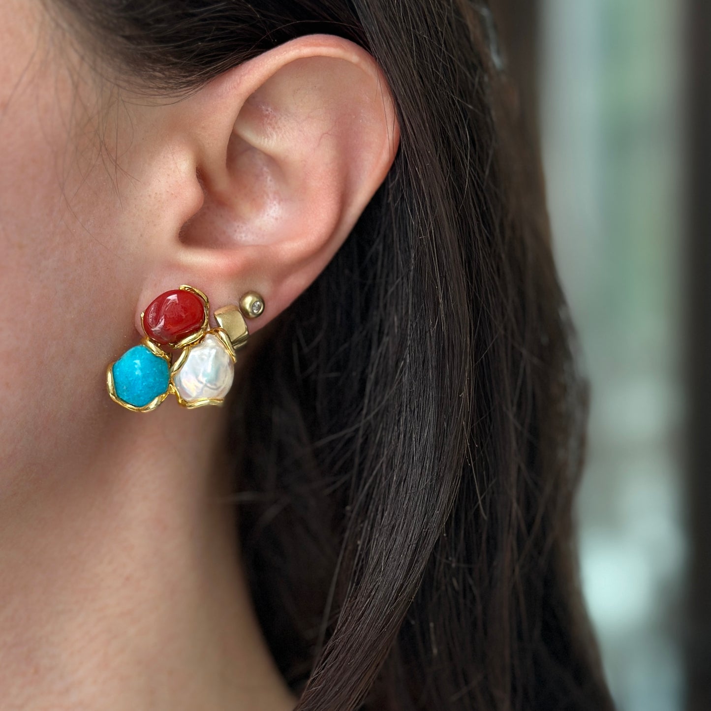 Sterling Silver Yellow-Plated Coral, Turquoise Freshwater Pearl Stud Earrings