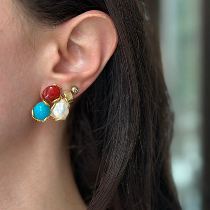 Sterling Silver Yellow-Plated Coral, Turquoise Freshwater Pearl Stud Earrings