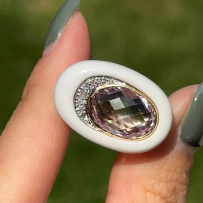 Estate 10KT Yellow Gold Amethyst, Diamond, + Agate Ring