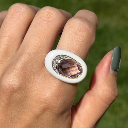 Estate 10KT Yellow Gold Amethyst, Diamond, + Agate Ring