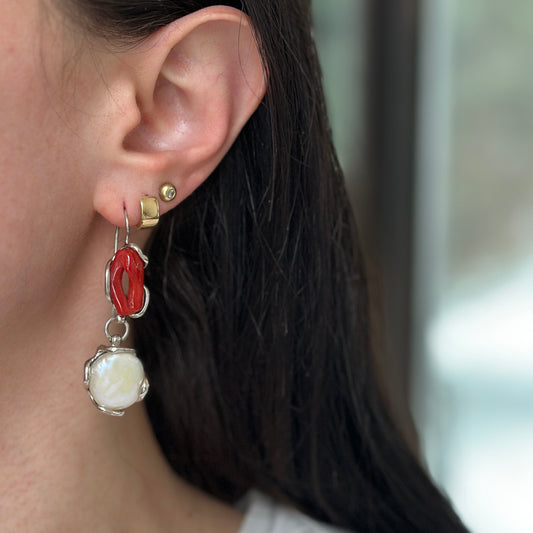 Sterling Silver White Pearl + Coral Dangle Earrings