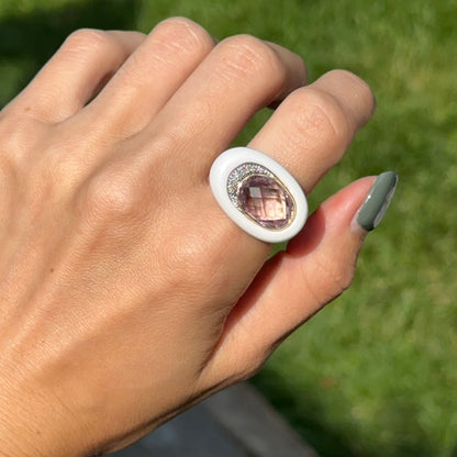 Estate 10KT Yellow Gold Amethyst, Diamond, + Agate Ring