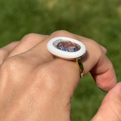Estate 10KT Yellow Gold Amethyst, Diamond, + Agate Ring