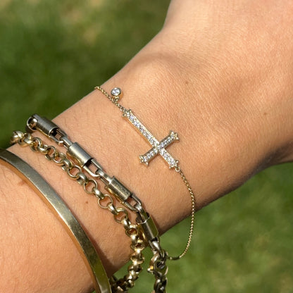 Estate 14KT Yellow Gold Diamond Cross Chain Bracelet