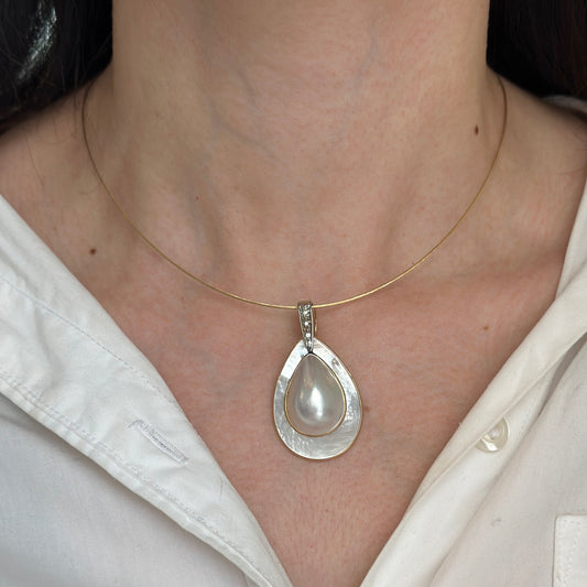 Vintage 14KT Yellow Gold Mabe Pearl Mother of Pearl + Diamond Enhancer Pendant
