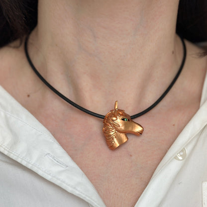 Estate Copper Toned Patina’d Hollow Horse Head Brooch + Green Stone Eye - LSJ