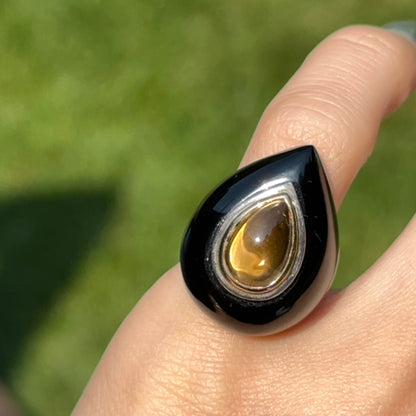 Estate Sterling Silver + 18KT Yellow Gold Pear Citrine + Onyx Dome Ring