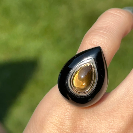 Estate Sterling Silver + 18KT Yellow Gold Pear Citrine + Onyx Dome Ring