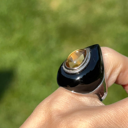 Estate Sterling Silver + 18KT Yellow Gold Pear Citrine + Onyx Dome Ring