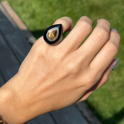 Estate Sterling Silver + 18KT Yellow Gold Pear Citrine + Onyx Dome Ring