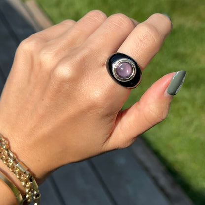 Estate Sterling Silver + 18KT Yellow Gold Amethyst + Onyx Dome Ring