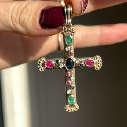 Estate 14KT Yellow Gold Genuine Sapphire Ruby Emerald Byzantine Cross Enhancer