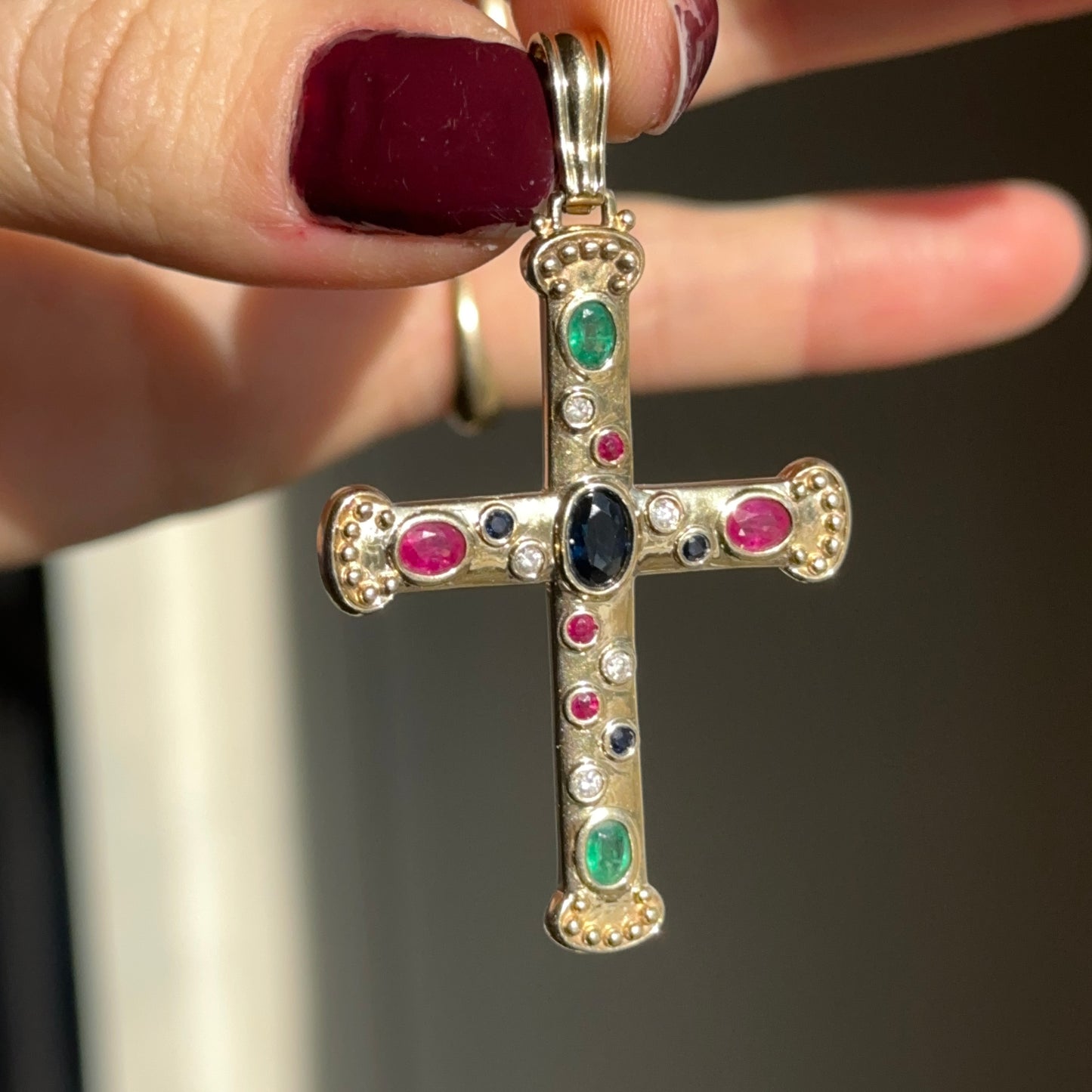 Estate 14KT Yellow Gold Genuine Sapphire Ruby Emerald Byzantine Cross Enhancer