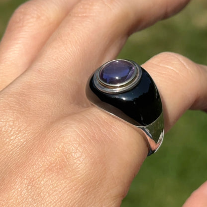 Estate Sterling Silver + 18KT Yellow Gold Amethyst + Onyx Dome Ring