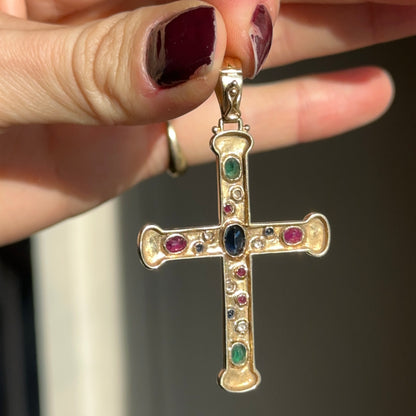 Estate 14KT Yellow Gold Genuine Sapphire Ruby Emerald Byzantine Cross Enhancer