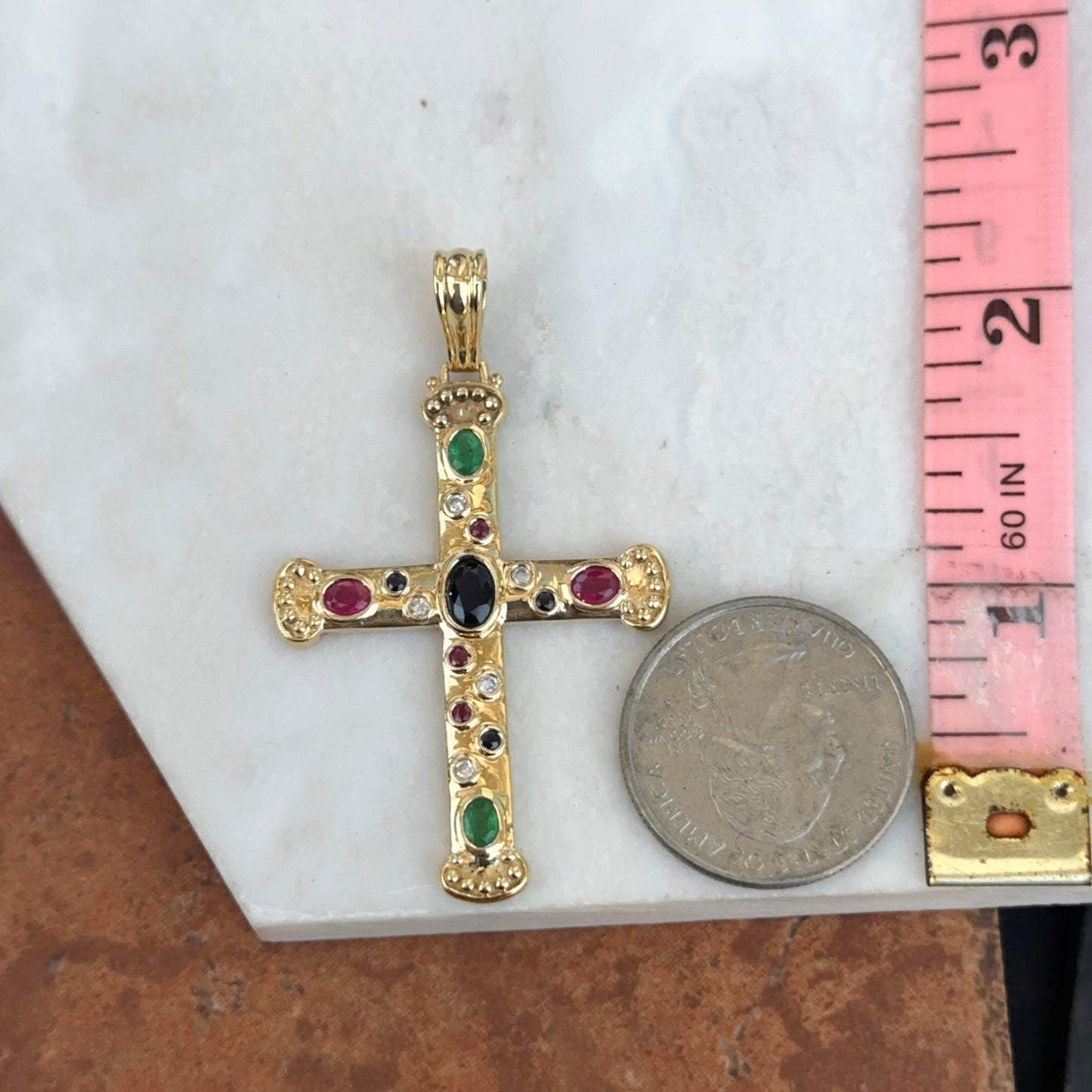 Estate 14KT Yellow Gold Genuine Sapphire Ruby Emerald Byzantine Cross Enhancer