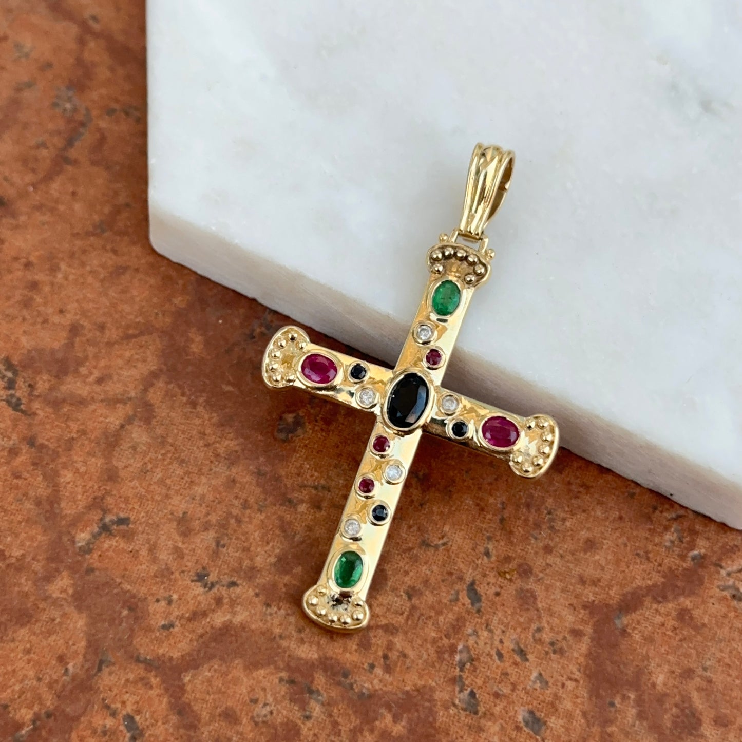 Estate 14KT Yellow Gold Genuine Sapphire Ruby Emerald Byzantine Cross Enhancer