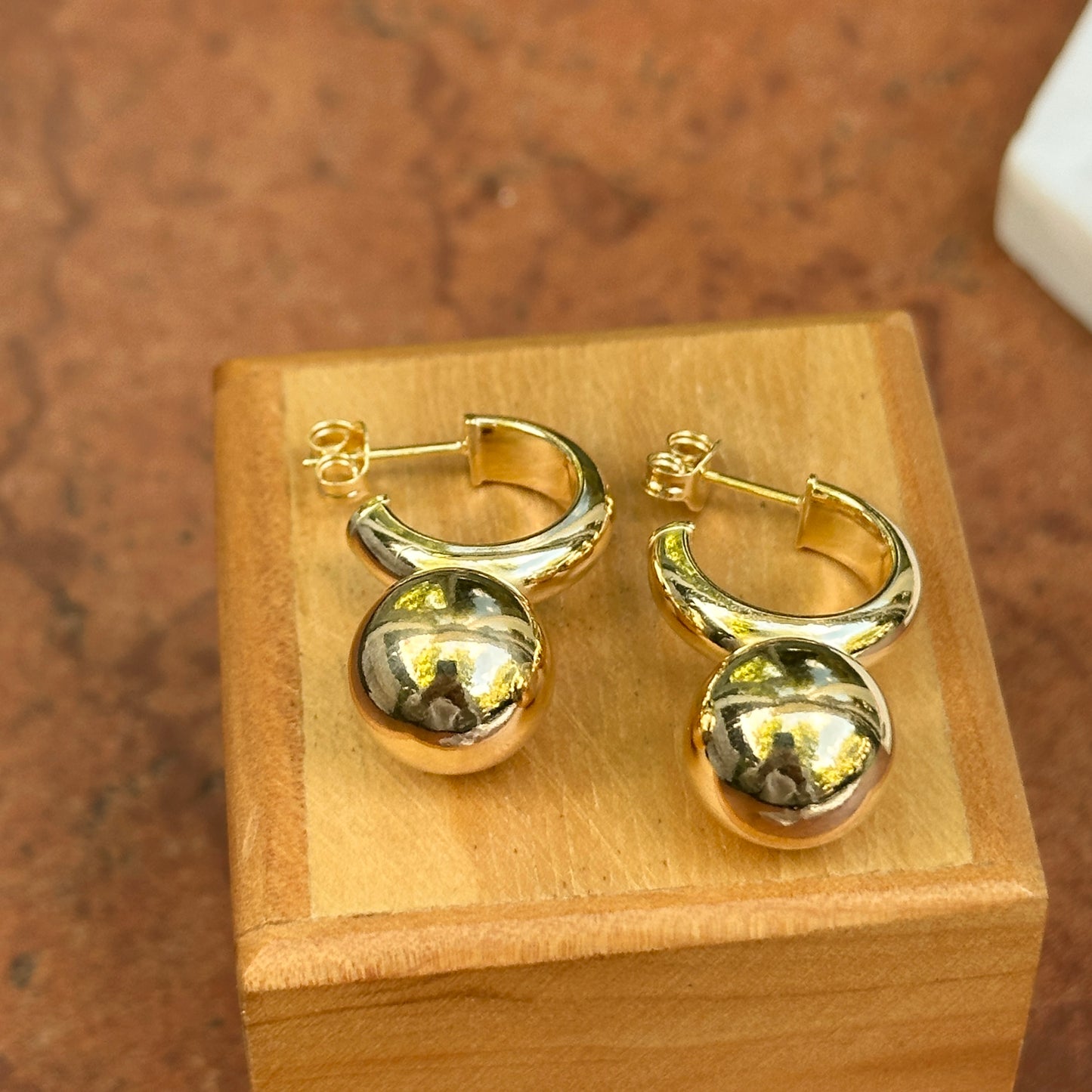 Yellow Gold-Plated Sterling Silver Hoop + Ball Bead Dangle Earrings