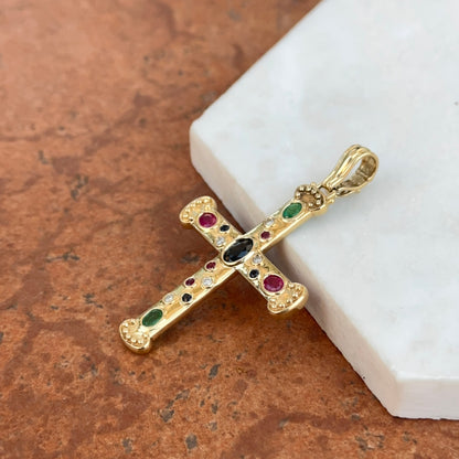 Estate 14KT Yellow Gold Genuine Sapphire Ruby Emerald Byzantine Cross Enhancer