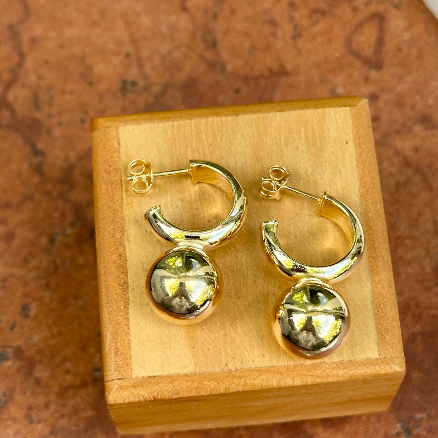 Yellow Gold-Plated Sterling Silver Hoop + Ball Bead Dangle Earrings