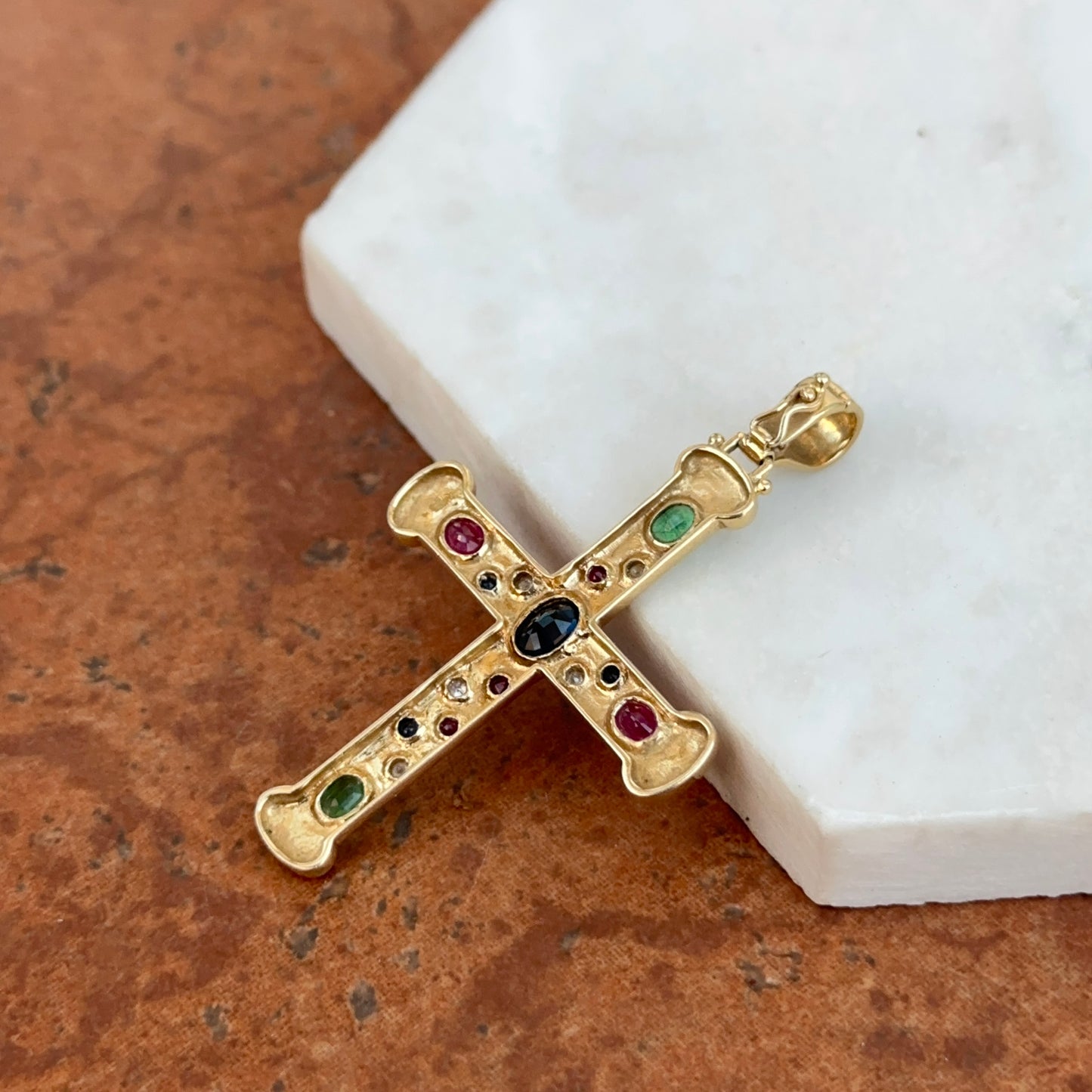 Estate 14KT Yellow Gold Genuine Sapphire Ruby Emerald Byzantine Cross Enhancer