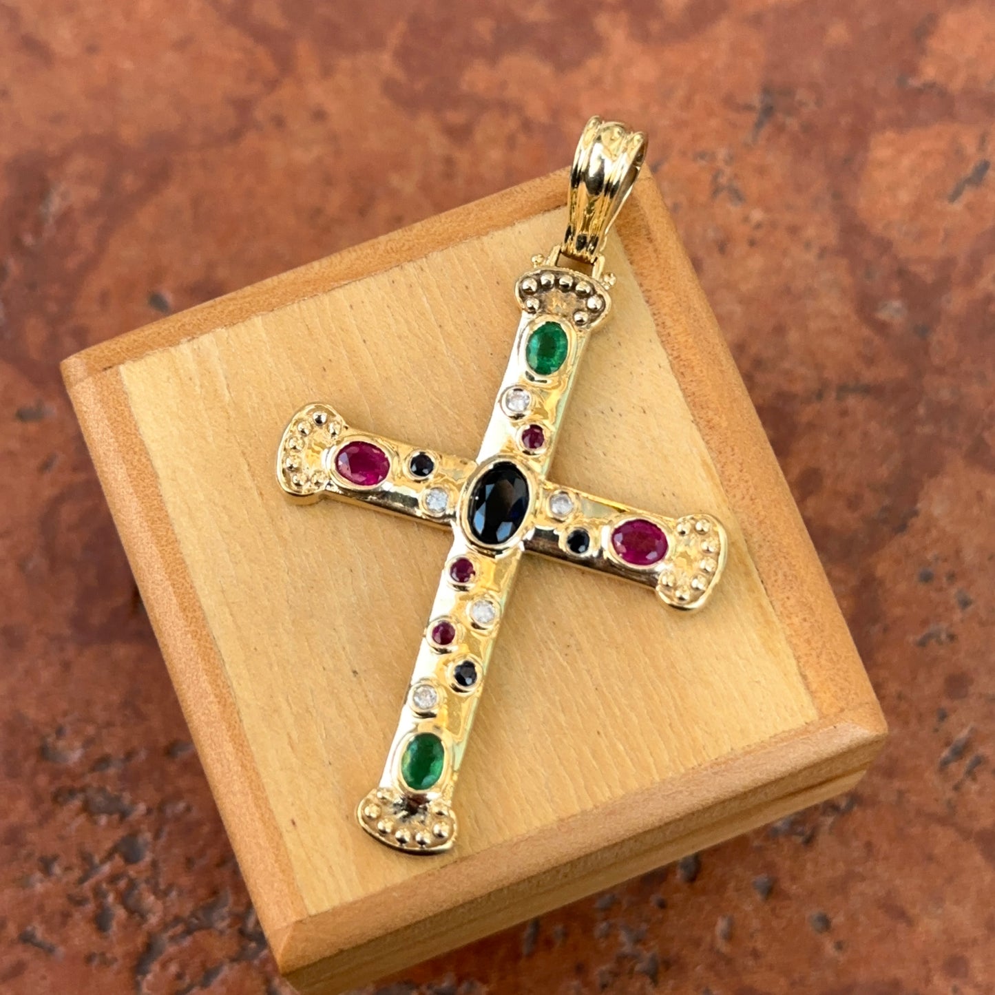 Estate 14KT Yellow Gold Genuine Sapphire Ruby Emerald Byzantine Cross Enhancer