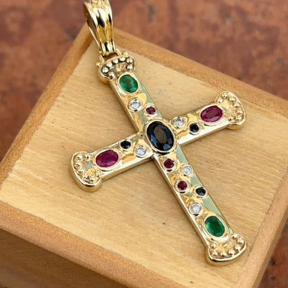 Estate 14KT Yellow Gold Genuine Sapphire Ruby Emerald Byzantine Cross Enhancer