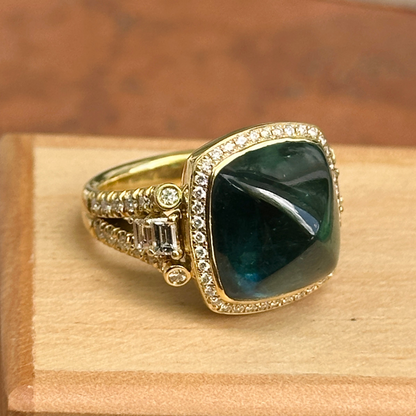 Estate 18KT Yellow Gold Sugar Loaf Blue Tourmaline + Diamond Halo Ring