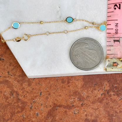 14KT Yellow Gold 5mm Turquoise Disc + Gold Bead Station Chain Bracelet