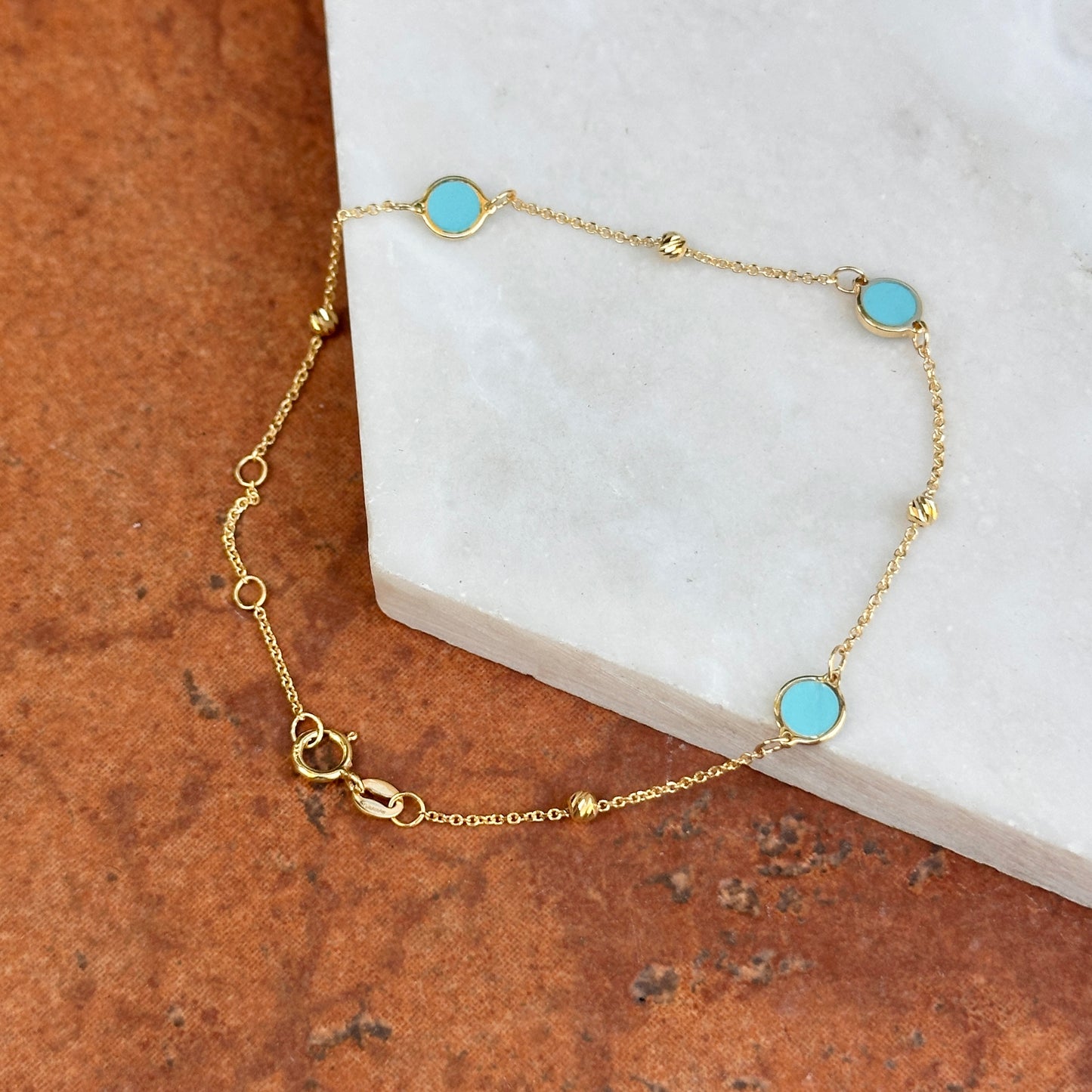 14KT Yellow Gold 5mm Turquoise Disc + Gold Bead Station Chain Bracelet