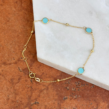 14KT Yellow Gold 5mm Turquoise Disc + Gold Bead Station Chain Bracelet