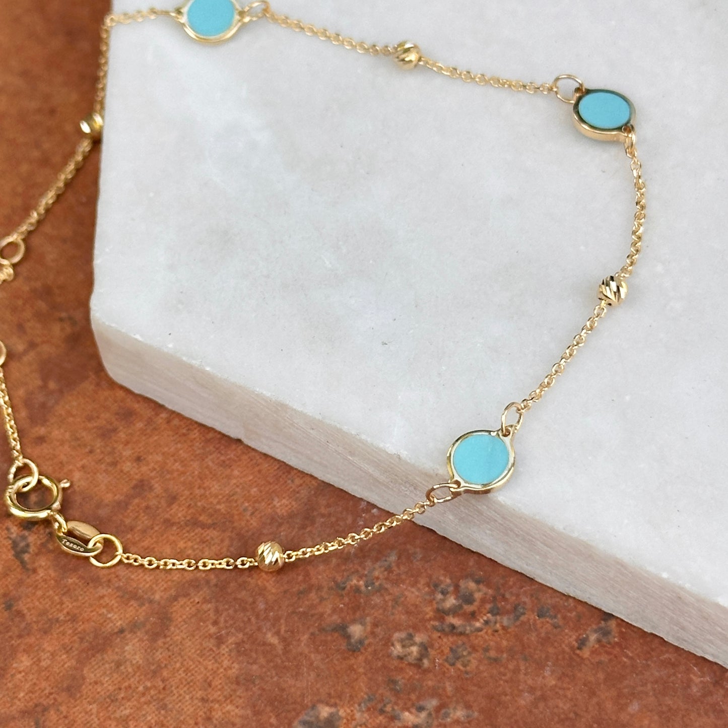 14KT Yellow Gold 5mm Turquoise Disc + Gold Bead Station Chain Bracelet